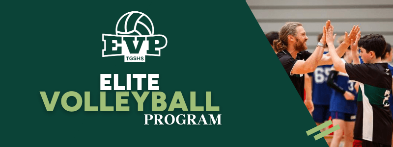 The Gap State High School Elite Volleyball Program banner: the EVP logo beside a coach high-fiving a student